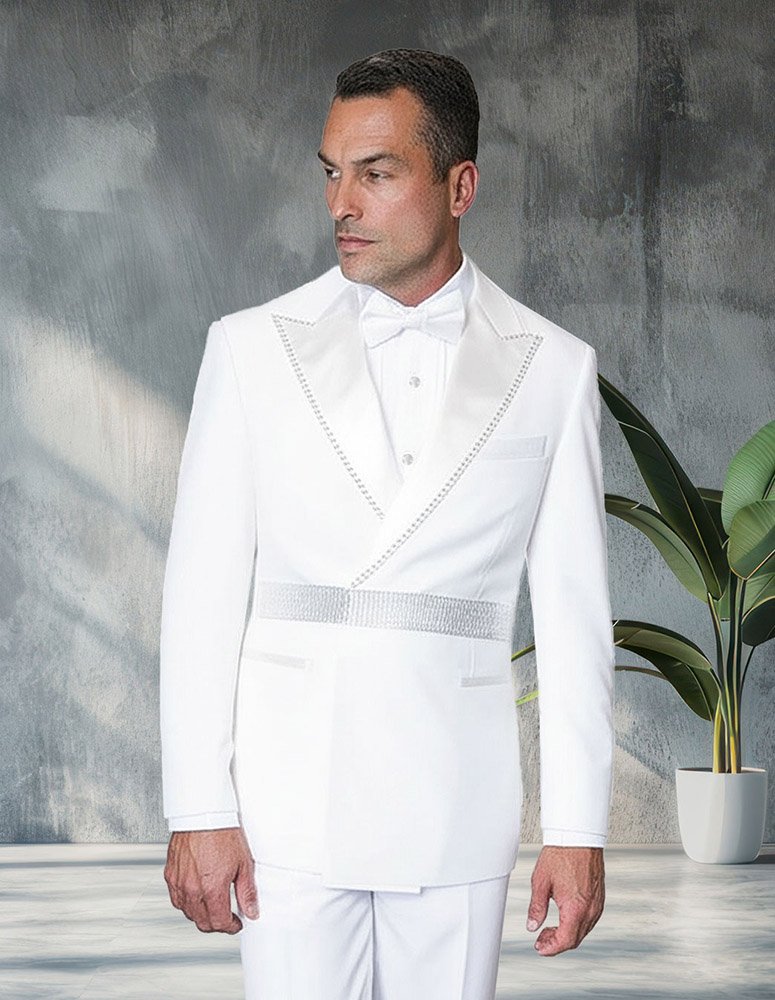 2PC ITALIAN WOOL DOUBLE BREASTED TUXEDO WITH WHITE STONES. MODERN FIT FLAT FRONT PANTS