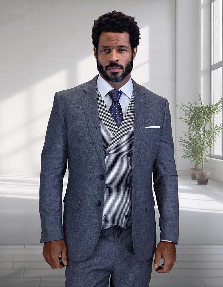 STATEMENT 3PC TAILORED FIT 2 BUTTON JACKET WITH DOUBLE BREASTED VEST HAND MADE SUPER 150'S ITALIAN FABRIC   