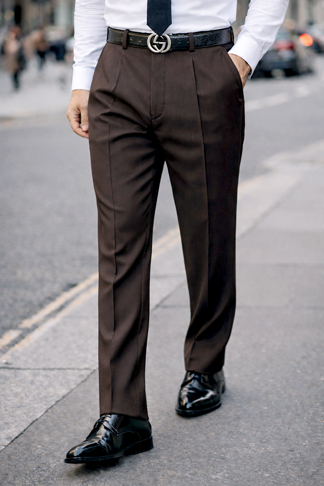 BROWN PLEATED DRESS PANTS REGULAR FIT SUPER 150'S ITALIAN WOOL FABRIC  