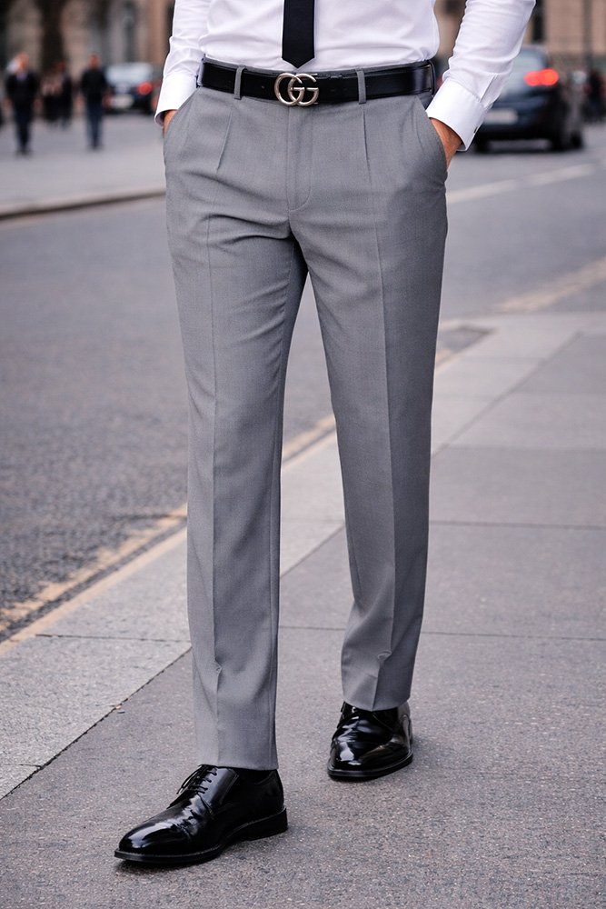 CHARCOAL PLEATED DRESS PANTS REGULAR FIT SUPER 150'S ITALIAN WOOL FABRIC  