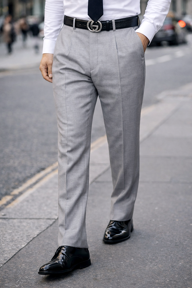 GRAY PLEATED DRESS PANTS REGULAR FIT SUPER 150'S ITALIAN WOOL FABRIC  