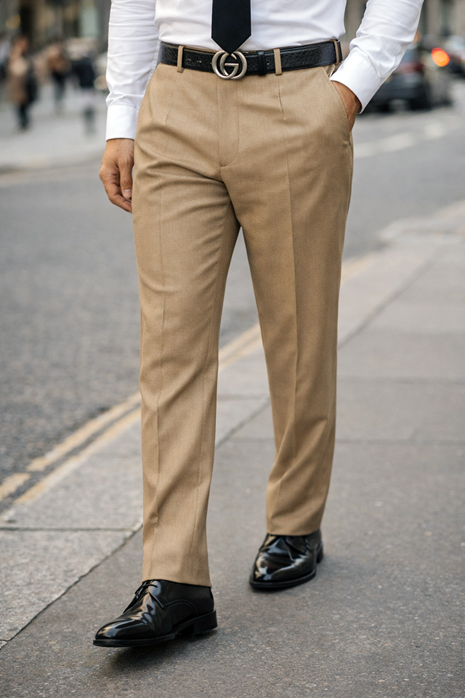 TAN PLEATED DRESS PANTS REGULAR FIT SUPER 150'S ITALIAN WOOL FABRIC  