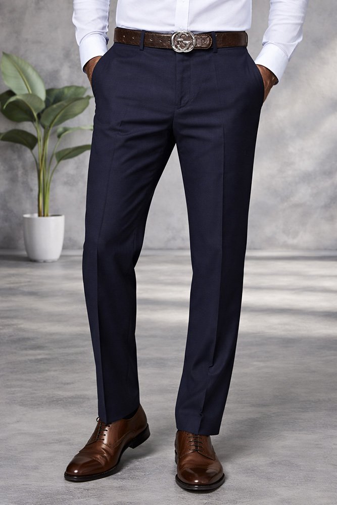 NAVY ITALIAN FLAT FRONT MENS WOOL DRESS PANTS HAND TAILORED
