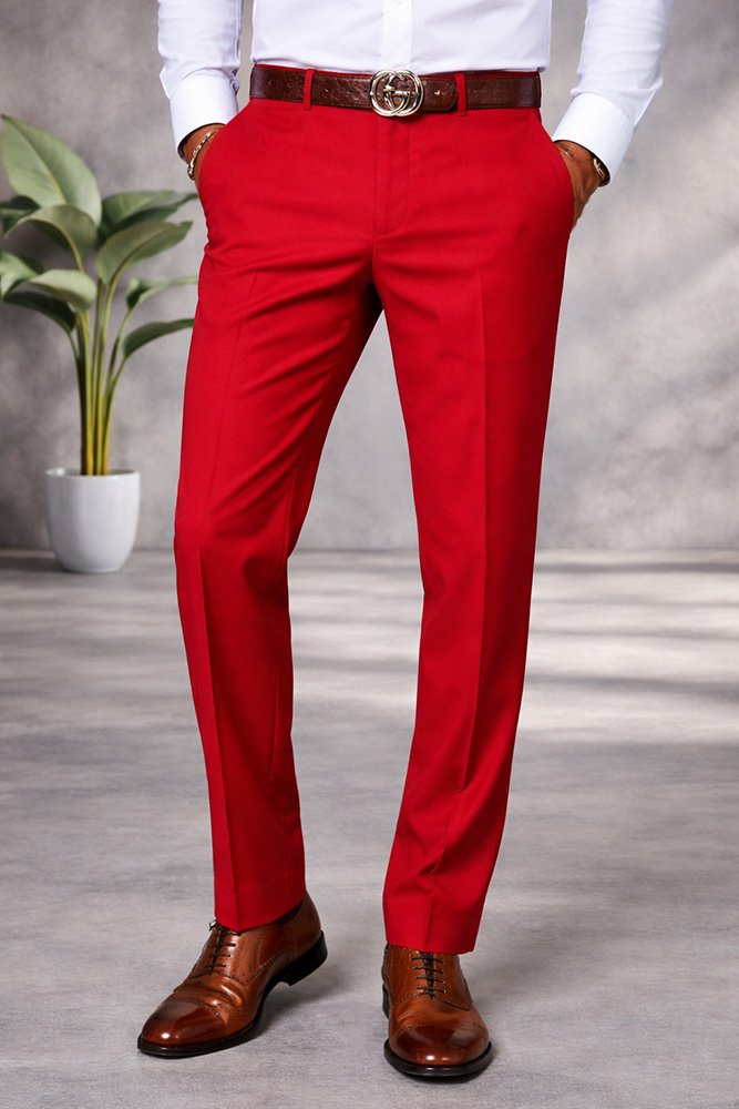 RED ITALIAN FLAT FRONT MENS WOOL DRESS PANTS HAND TAILORED 