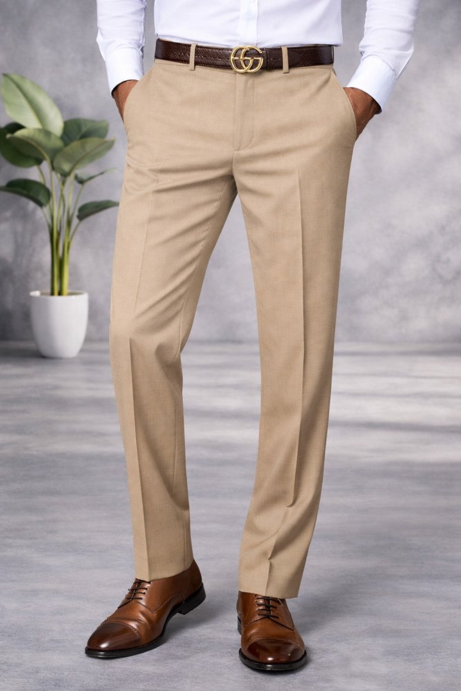 TAN ITALIAN FLAT FRONT MENS WOOL DRESS PANTS HAND TAILORED 