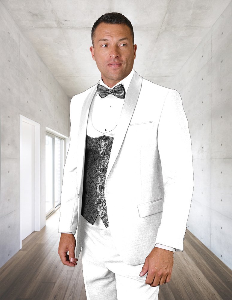 STATEMENT 3PC WHITE SHAWL LAPEL TUXEDO SUIT WITH FLAT FRONT PANTS INCLUDING MATCHING BOWTIE