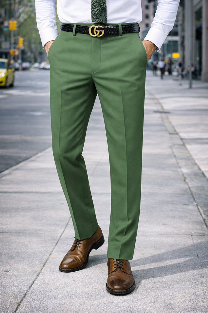 SLIM FIT APPLEGREEN ITALIAN FLAT FRONT MENS WOOL DRESS PANTS HAND TAILORED