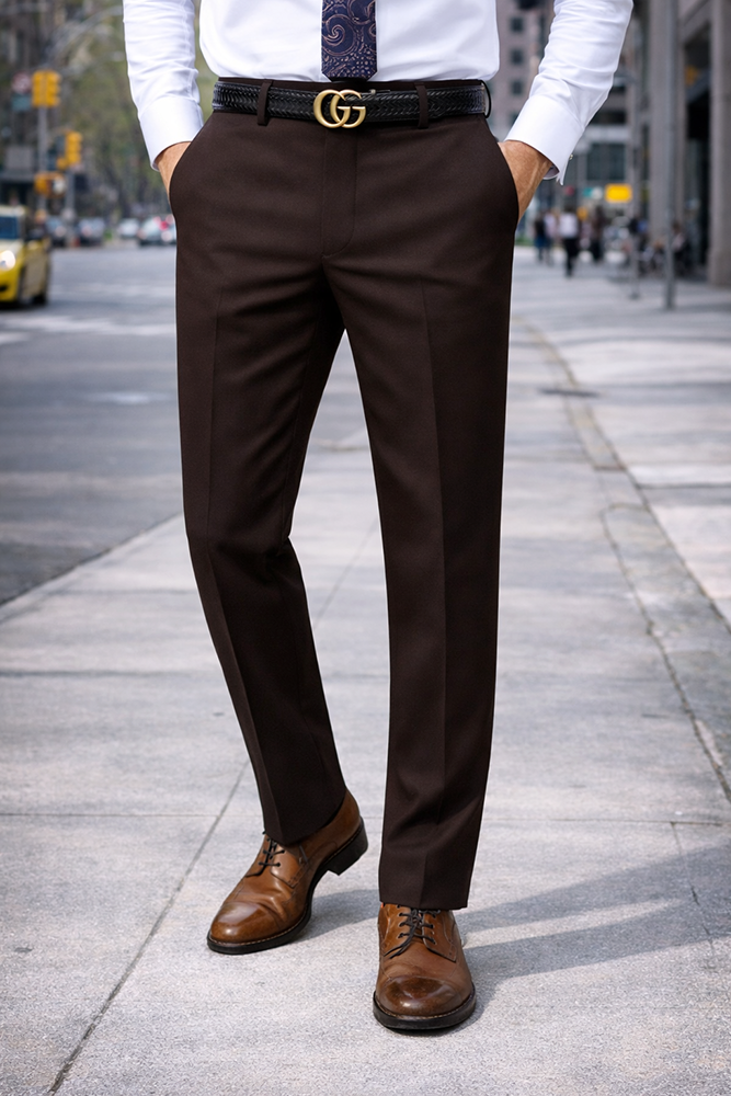 SLIM FIT BROWN ITALIAN FLAT FRONT MENS WOOL DRESS PANTS HAND TAILORED