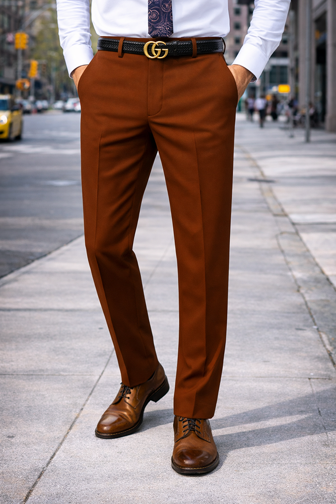 SLIM FIT COPPER ITALIAN FLAT FRONT MENS WOOL DRESS PANTS HAND TAILORED