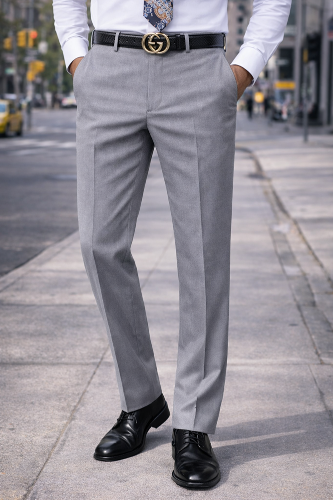 SLIM FIT GRAY ITALIAN FLAT FRONT MENS WOOL DRESS PANTS HAND TAILORED 
