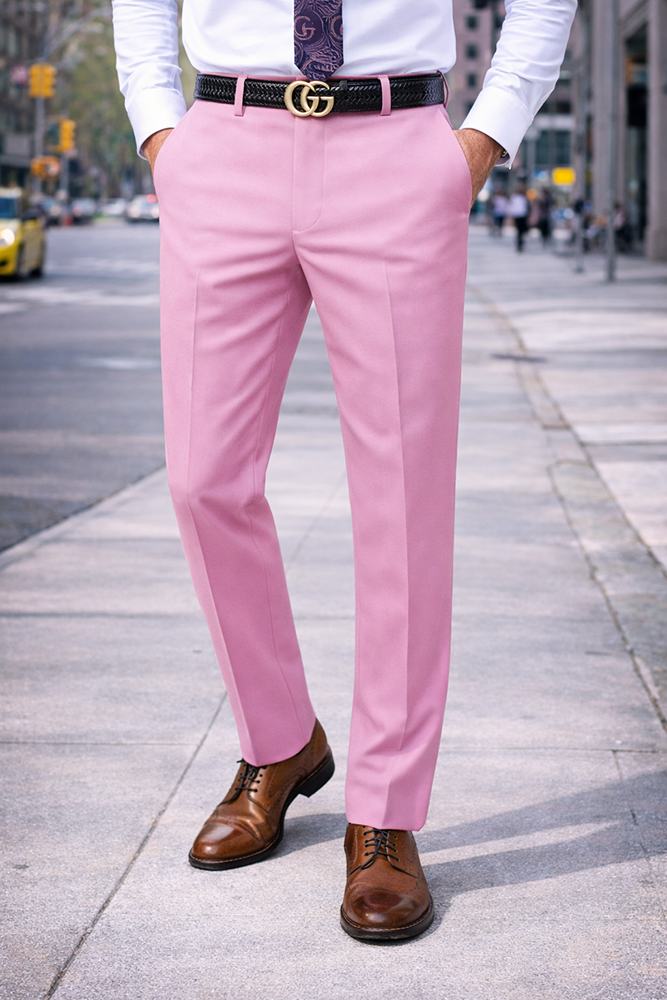 SLIM FIT PINK ITALIAN FLAT FRONT MENS WOOL DRESS PANTS HAND TAILORED
