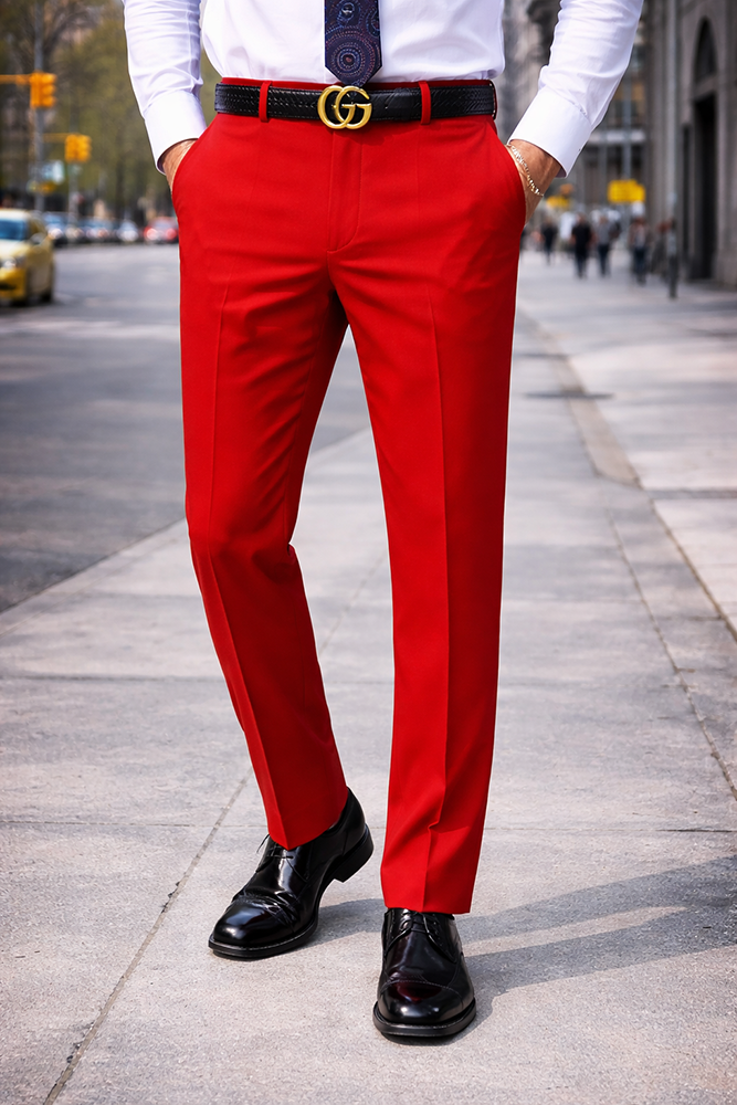 SLIM FIT RED ITALIAN FLAT FRONT MENS WOOL DRESS PANTS HAND TAILORED 