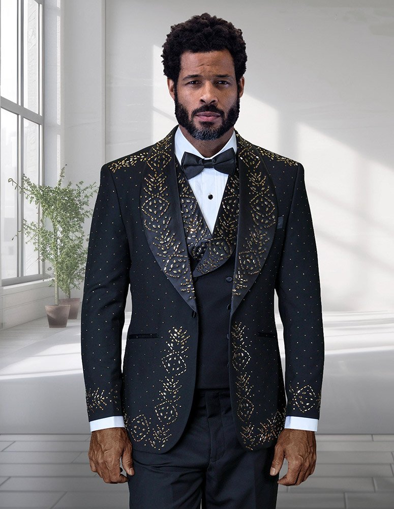 3PC ITALIAN WOOL LUXURY TUXEDO WITH GOLD STONES. MODERN FIT FLAT FRONT PANTS