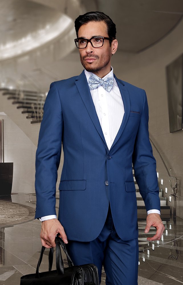 TS-02 MENS SOLID COLOR SAPPHIRE 2 BUTTON WOOL 2PC SUIT BY STATEMENT SUPER 180'S EXTRA FINE ITALIAN MADE. 