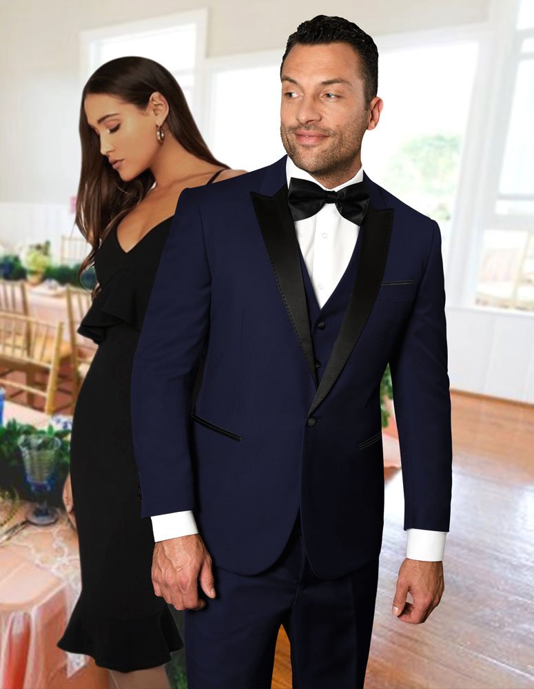 STATEMENT PEAK LAPEL NAVY 3PC TAILORED FIT TUXEDO SUIT WITH FLAT FRONT PANTS  