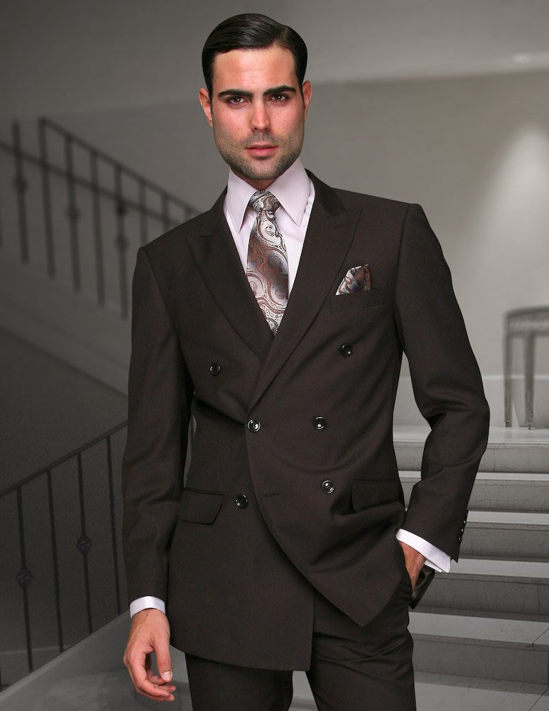 TZD-100 BROWN CLASSIC DOUBLE BREASTED SOLID COLOR MENS SUIT BY STATEMENT. SUPER 180'S EXTRA FINE ITALIAN WOOL HAND MADE