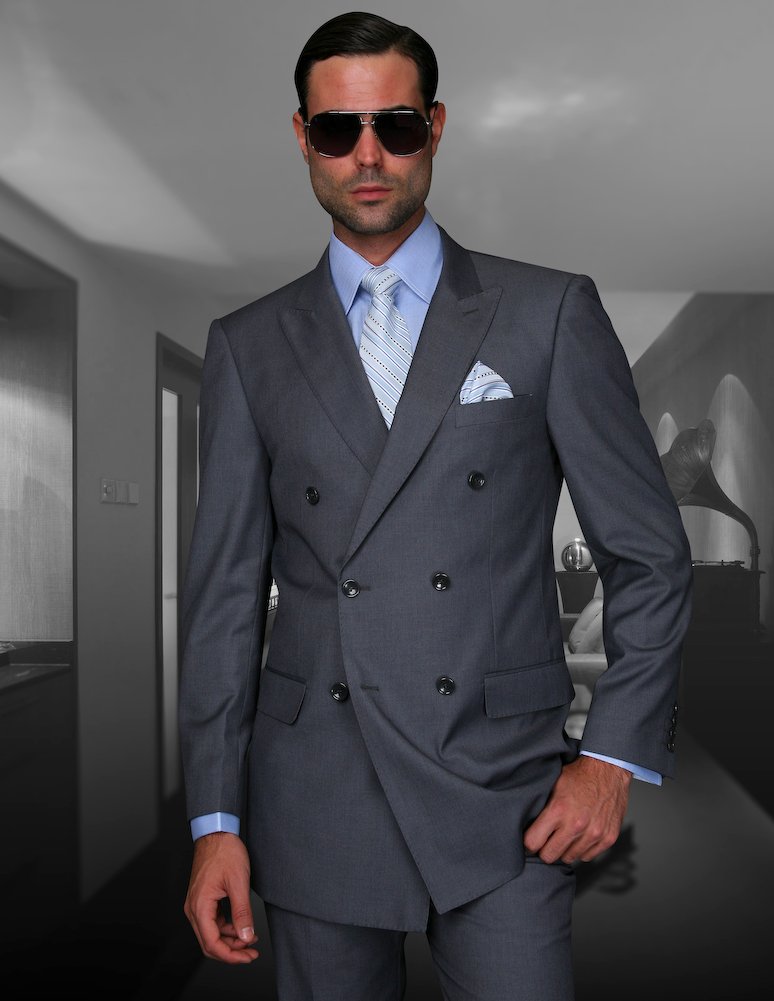 TZD-100 CHARCOAL CLASSIC DOUBLE BREASTED SOLID COLOR MENS SUIT BY TESSORI UOMO. SUPER 180'S EXTRA FINE ITALIAN WOOL HAND MADE 