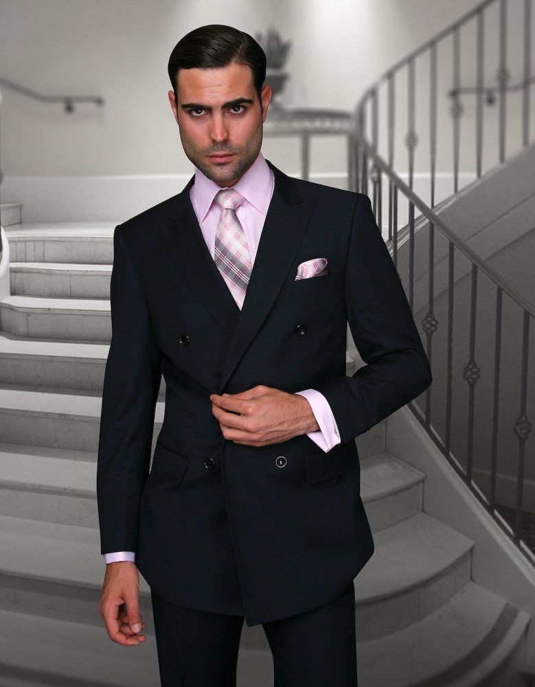 TZD-100 CLASSIC DOUBLE BREASTED SOLID COLOR NAVY MENS SUIT BY: STATEMENT. SUPER 180'S EXTRA FINE ITALIAN WOOL HAND MADE 