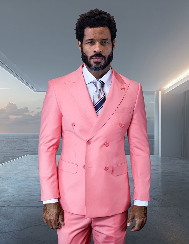 TZD-100 BLUSH CLASSIC DOUBLE BREASTED SOLID COLOR MENS SUIT BY TESSORI UOMO. SUPER 150'S EXTRA FINE ITALIAN WOOL HAND MADE