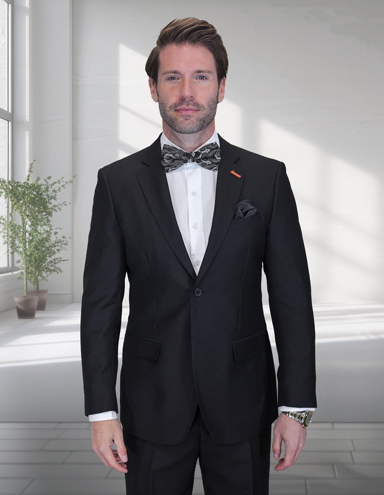 BLACK 2PC ITALIAN SUPER 200'S WOOL SUIT. MODERN FIT FLAT FRONT PANTS