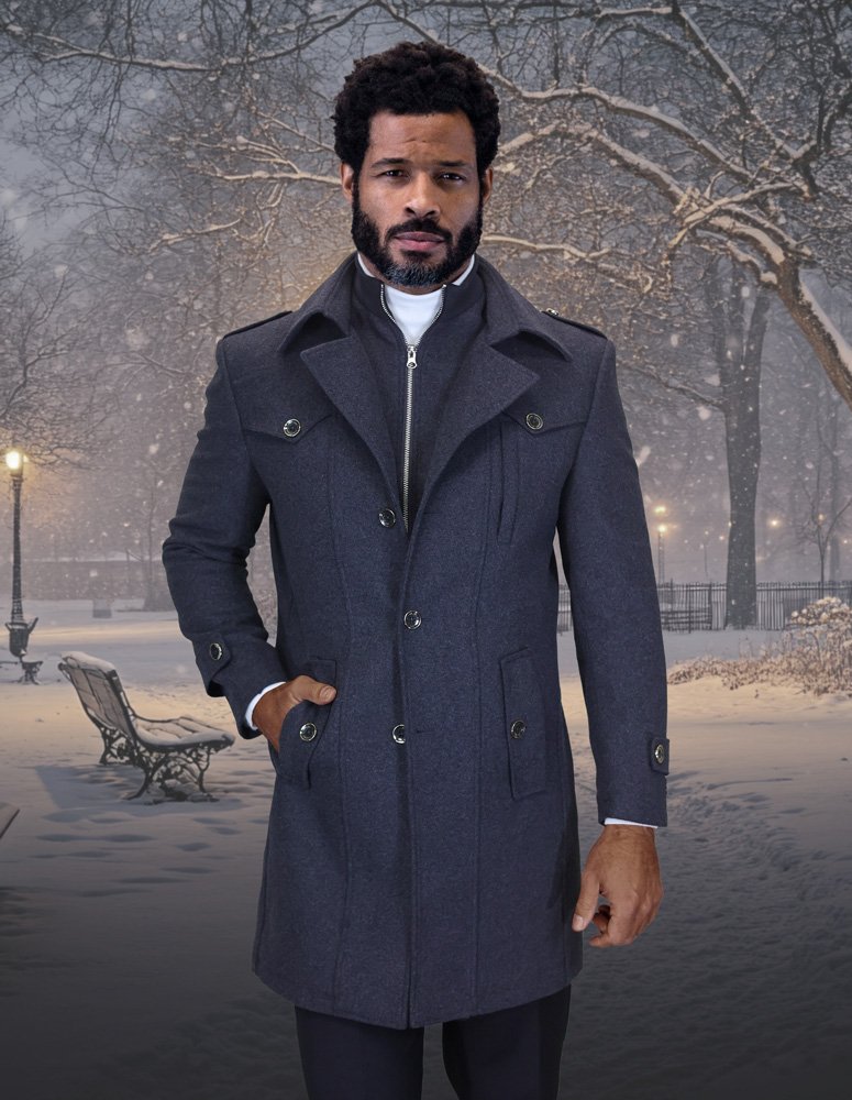 CHARCOAL 3 BUTTON SINGLE JACKET OVER COAT. WOOL AND CASHMERE