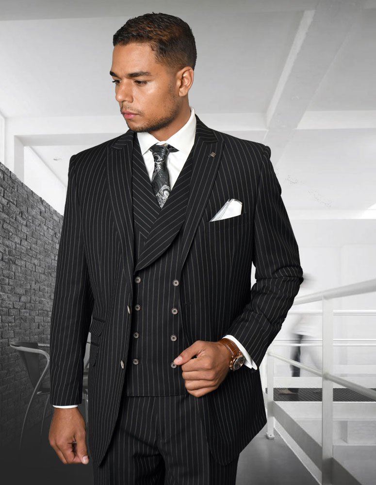ZARELLI  BLACK 3PC 2 BUTTON PINSTRIPE, DOUBLE BREASTED VEST, PLEATED PANTS SUPER 180'S WOOL SUIT EXTRA FINE ITALIAN MADE  